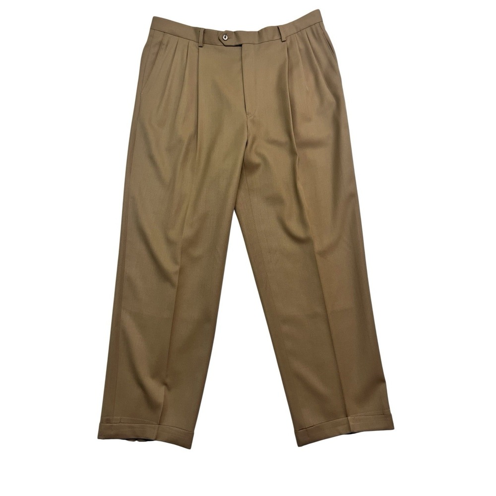 vtg 90s Givenchy 38x30 Tan Dress Suit Pants Trousers Wool Pleated Cuffed USA